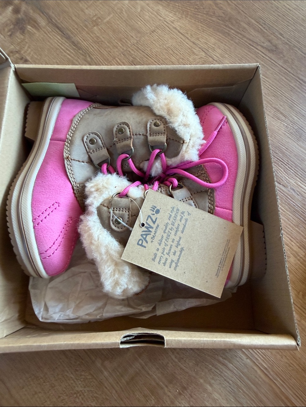 NWT Bearpaw PAWZ Everly Pink and Tan Fleece-Trim Toddler Lace-Up Boots